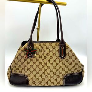 Auth GUCCI GG Monogram Tan Brown Canvas Leather Princey Shoulder 2way Handbag